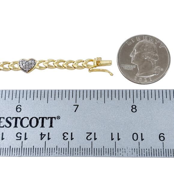 Estate Gold-Tone Sterling Silver 925 Diamond Heart Link Bracelet 7.5" - Picture 6 of 9